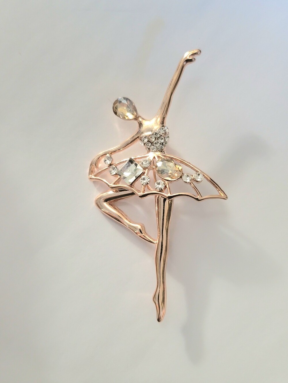 Large Ballerina Dancer Crystal & Rose Gold Tone Brooch